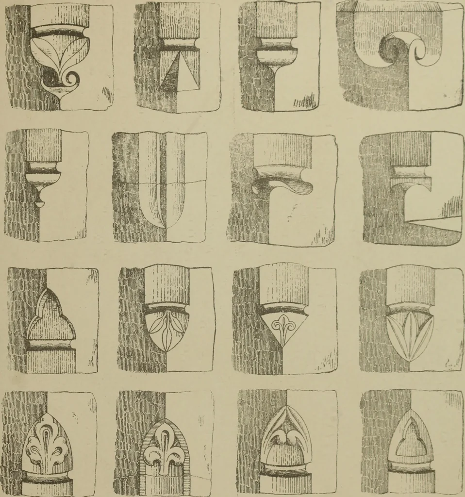 An illustration from An analysis of Gothic architecture. Illustrated by a series of upwards of seven hundred examples of doorways, windows, mouldings, roofs, arches, crosses, panels, buttresses, seats, screens, etc., and accompanied with remarks on the several details of an ecclesiastical edifice, 1903, leaf 208