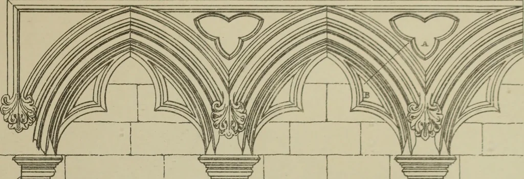 An illustration from An analysis of Gothic architecture. Illustrated by a series of upwards of seven hundred examples of doorways, windows, mouldings, roofs, arches, crosses, panels, buttresses, seats, screens, etc., and accompanied with remarks on the several details of an ecclesiastical edifice, 1903, leaf 212