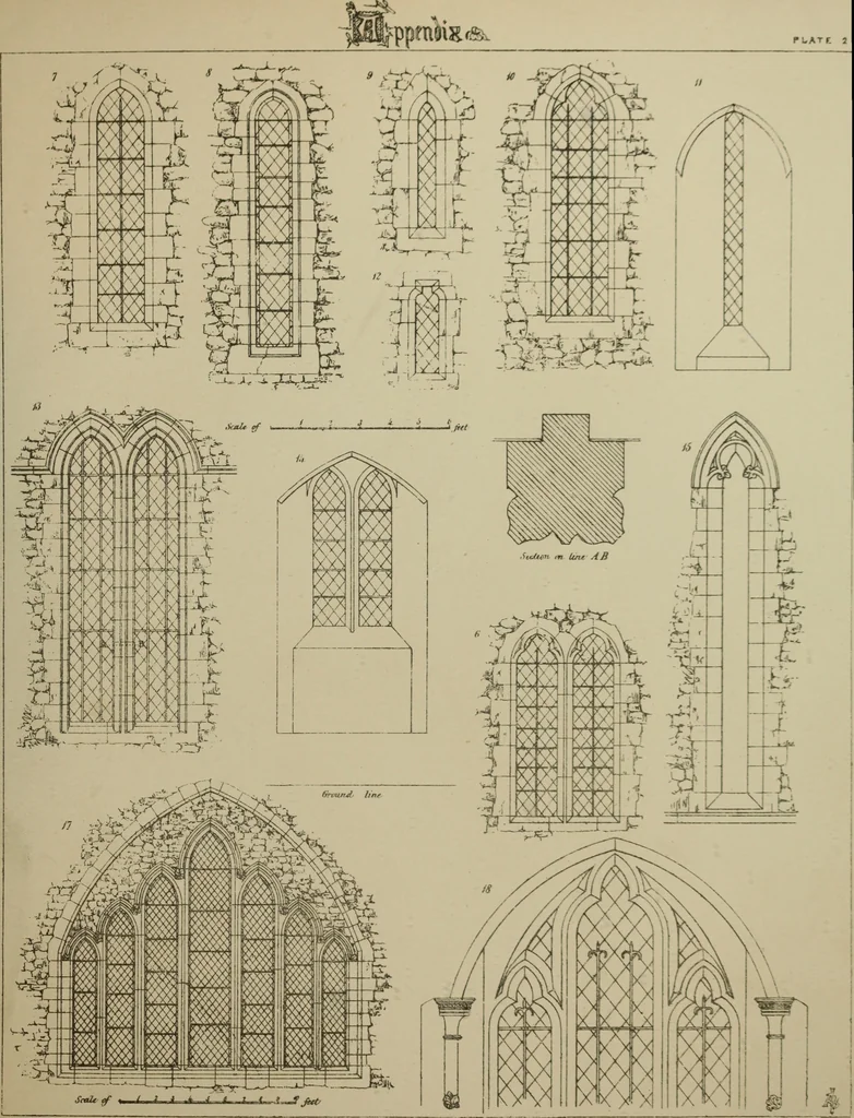 An illustration from An analysis of Gothic architecture. Illustrated by a series of upwards of seven hundred examples of doorways, windows, mouldings, roofs, arches, crosses, panels, buttresses, seats, screens, etc., and accompanied with remarks on the several details of an ecclesiastical edifice, 1903, leaf 216