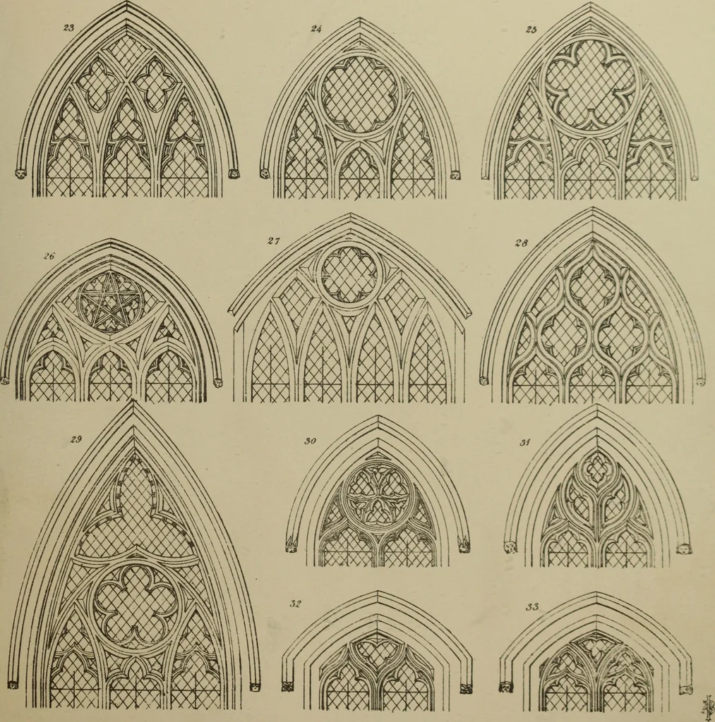 An illustration from An analysis of Gothic architecture. Illustrated by a series of upwards of seven hundred examples of doorways, windows, mouldings, roofs, arches, crosses, panels, buttresses, seats, screens, etc., and accompanied with remarks on the several details of an ecclesiastical edifice, 1903, leaf 218