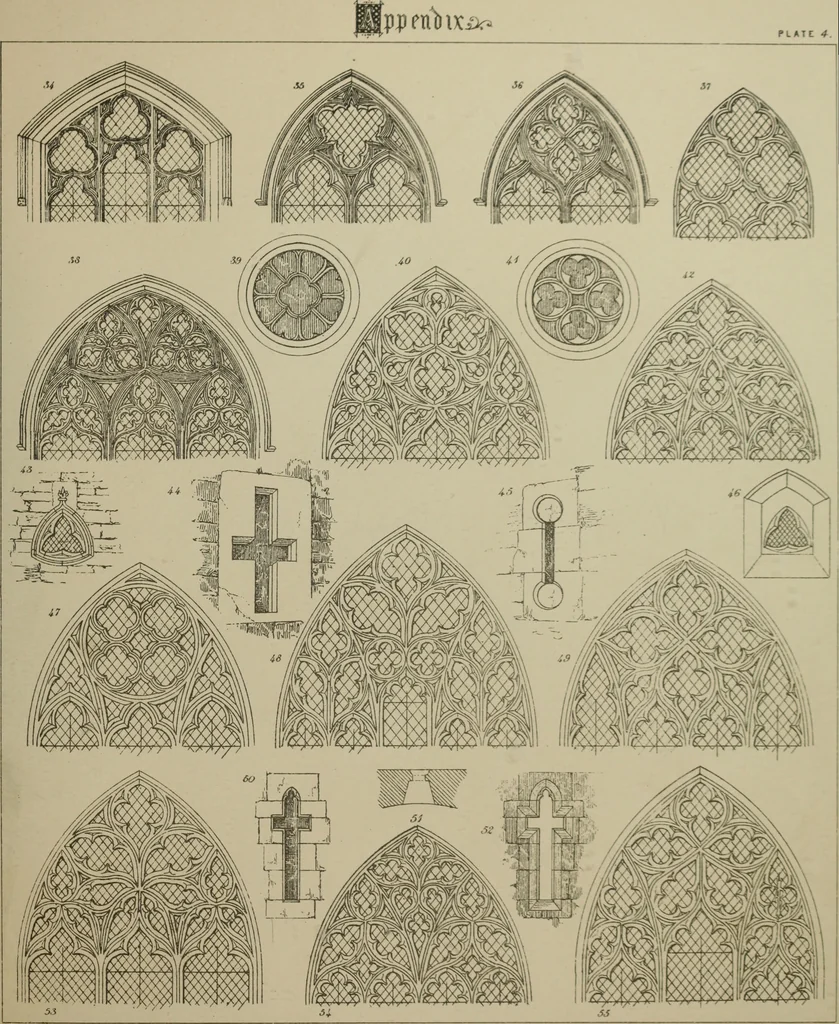 An illustration from An analysis of Gothic architecture. Illustrated by a series of upwards of seven hundred examples of doorways, windows, mouldings, roofs, arches, crosses, panels, buttresses, seats, screens, etc., and accompanied with remarks on the several details of an ecclesiastical edifice, 1903, leaf 220