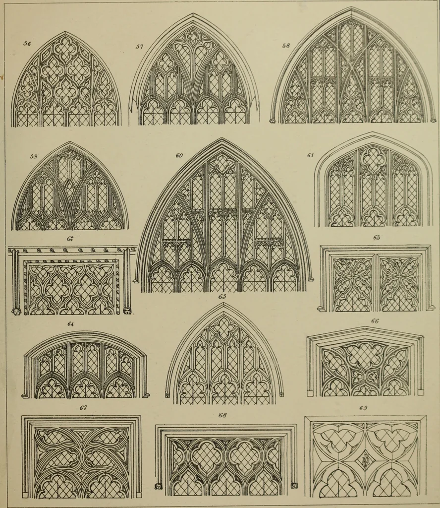 An illustration from An analysis of Gothic architecture. Illustrated by a series of upwards of seven hundred examples of doorways, windows, mouldings, roofs, arches, crosses, panels, buttresses, seats, screens, etc., and accompanied with remarks on the several details of an ecclesiastical edifice, 1903, leaf 222