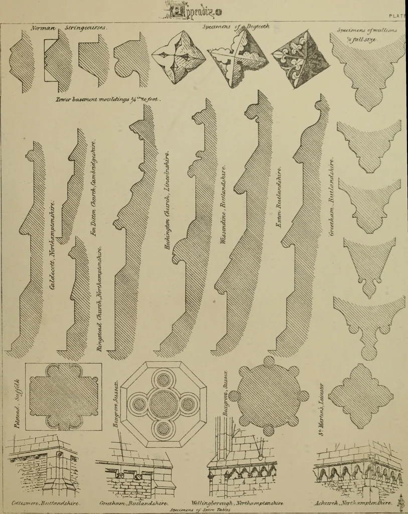 An illustration from An analysis of Gothic architecture. Illustrated by a series of upwards of seven hundred examples of doorways, windows, mouldings, roofs, arches, crosses, panels, buttresses, seats, screens, etc., and accompanied with remarks on the several details of an ecclesiastical edifice, 1903, leaf 224