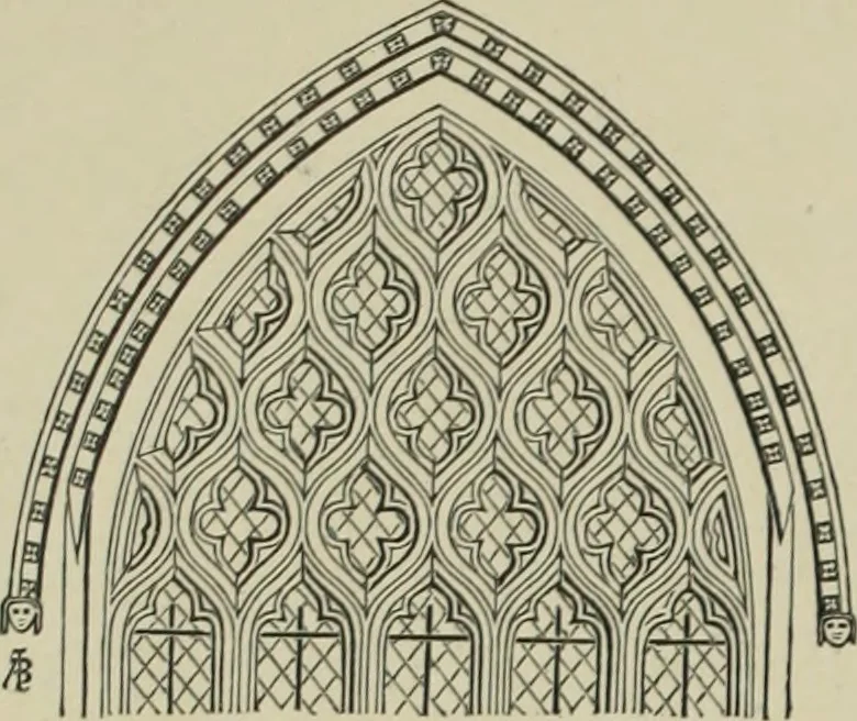 An illustration from An analysis of Gothic architecture. Illustrated by a series of upwards of seven hundred examples of doorways, windows, mouldings, roofs, arches, crosses, panels, buttresses, seats, screens, etc., and accompanied with remarks on the several details of an ecclesiastical edifice, 1903, leaf 45