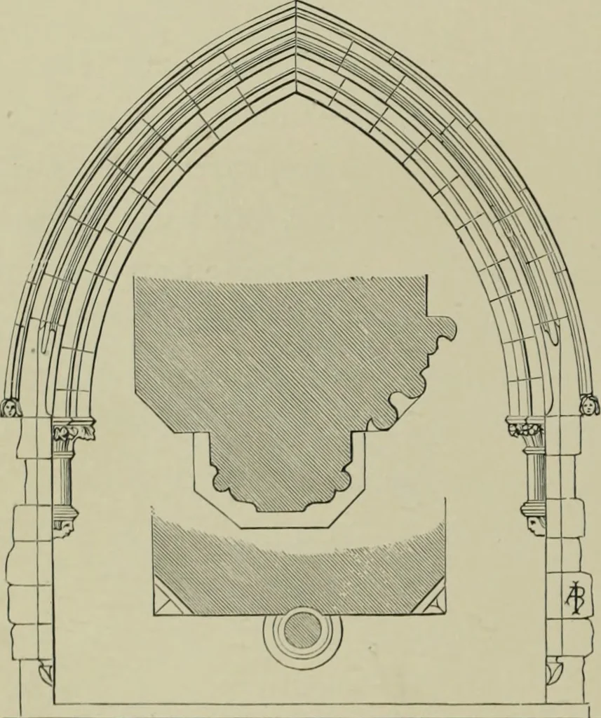 An illustration from An analysis of Gothic architecture. Illustrated by a series of upwards of seven hundred examples of doorways, windows, mouldings, roofs, arches, crosses, panels, buttresses, seats, screens, etc., and accompanied with remarks on the several details of an ecclesiastical edifice, 1903, leaf 93