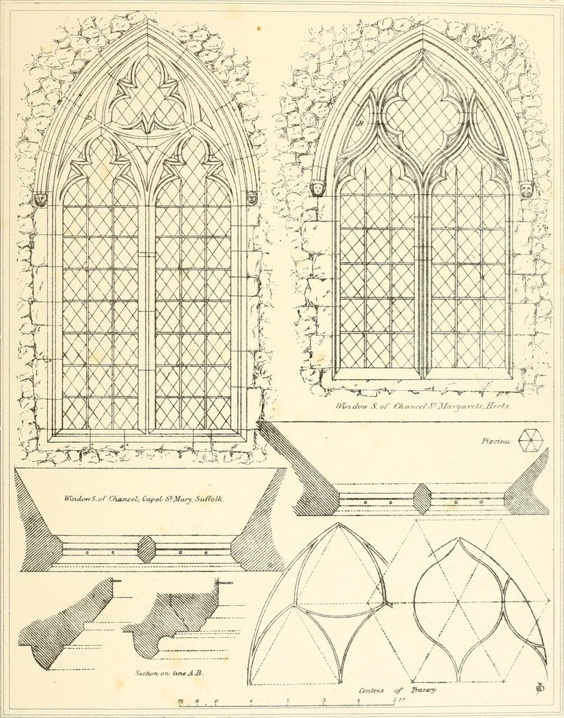 An illustration from An analysis of Gothick architecture : illustrated by a series of upwards of seven hundred examples of doorways, windows, etc., and accompanied with remarks on the several details of an ecclesiastical edifice, 1849, leaf 104