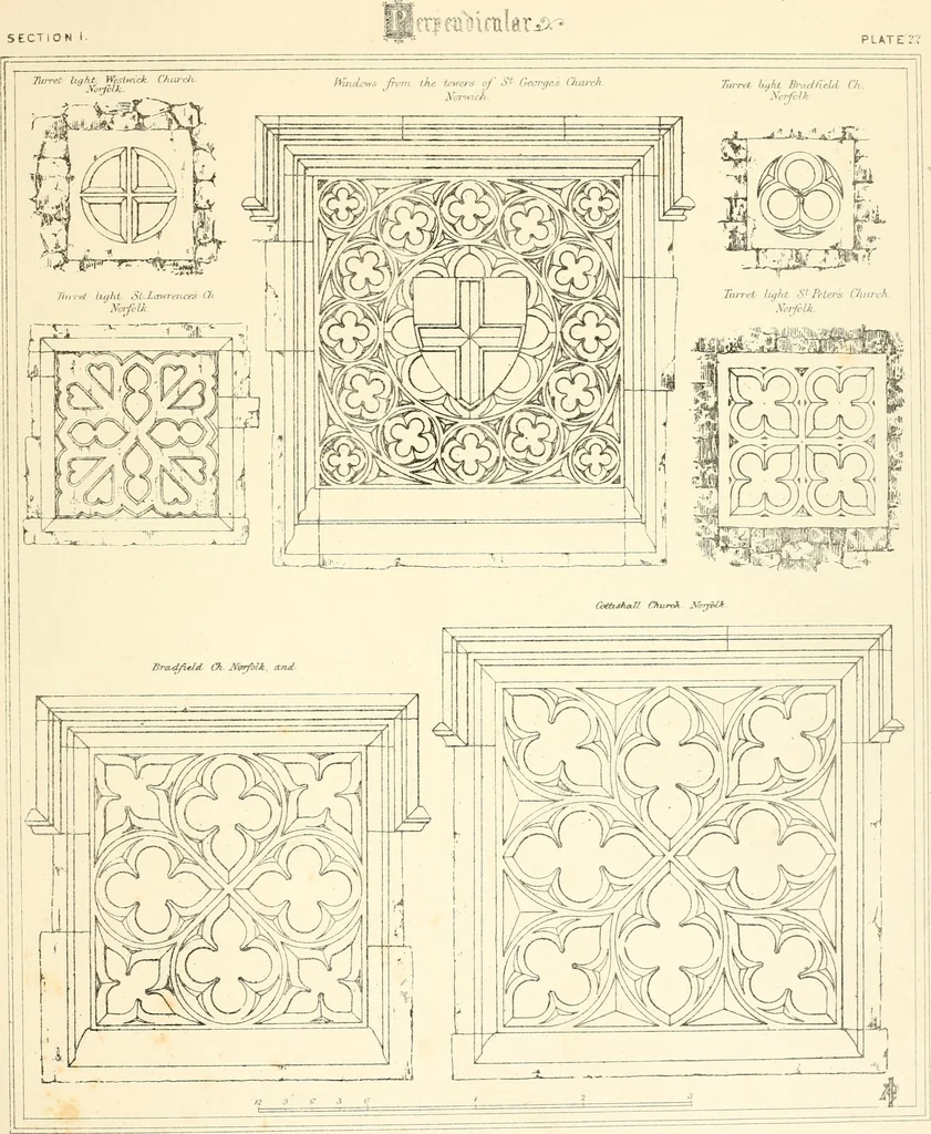An illustration from An analysis of Gothick architecture : illustrated by a series of upwards of seven hundred examples of doorways, windows, etc., and accompanied with remarks on the several details of an ecclesiastical edifice, 1849, leaf 210