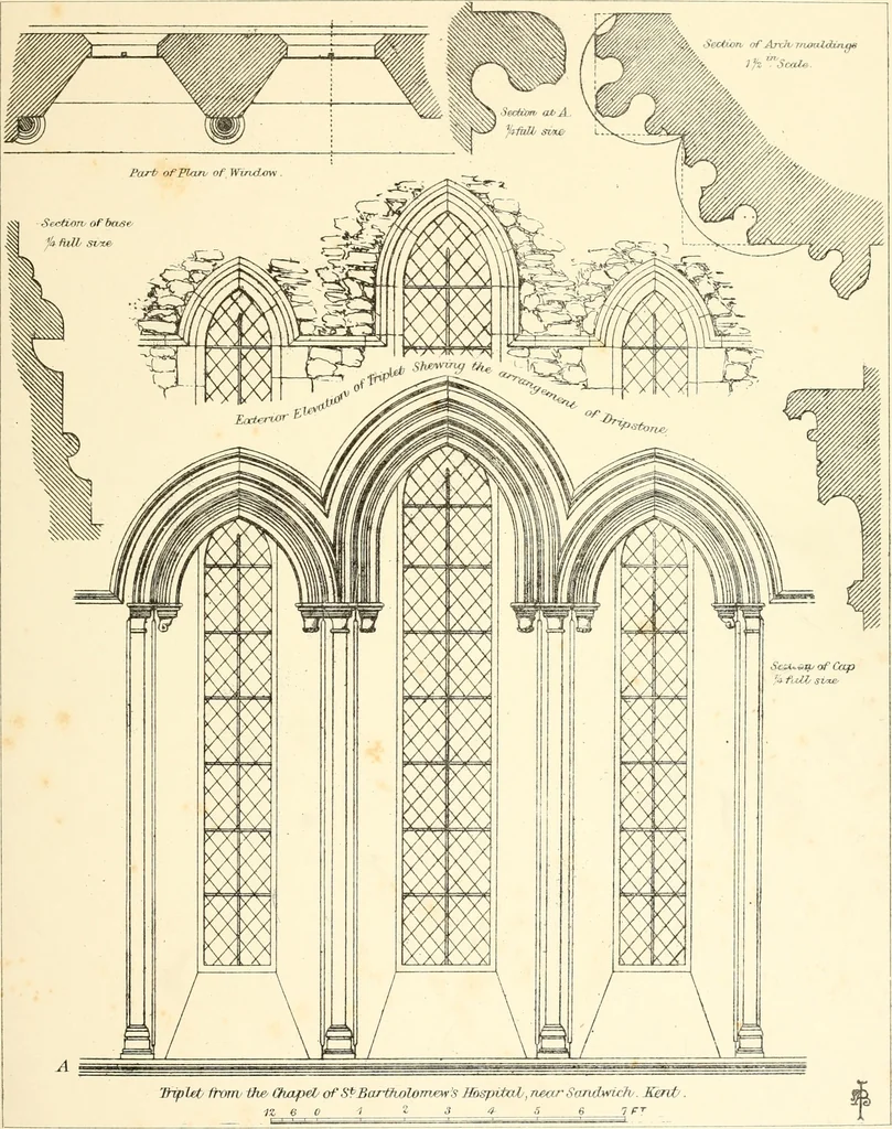 An illustration from An analysis of Gothick architecture : illustrated by a series of upwards of seven hundred examples of doorways, windows, etc., and accompanied with remarks on the several details of an ecclesiastical edifice, 1849, leaf 60