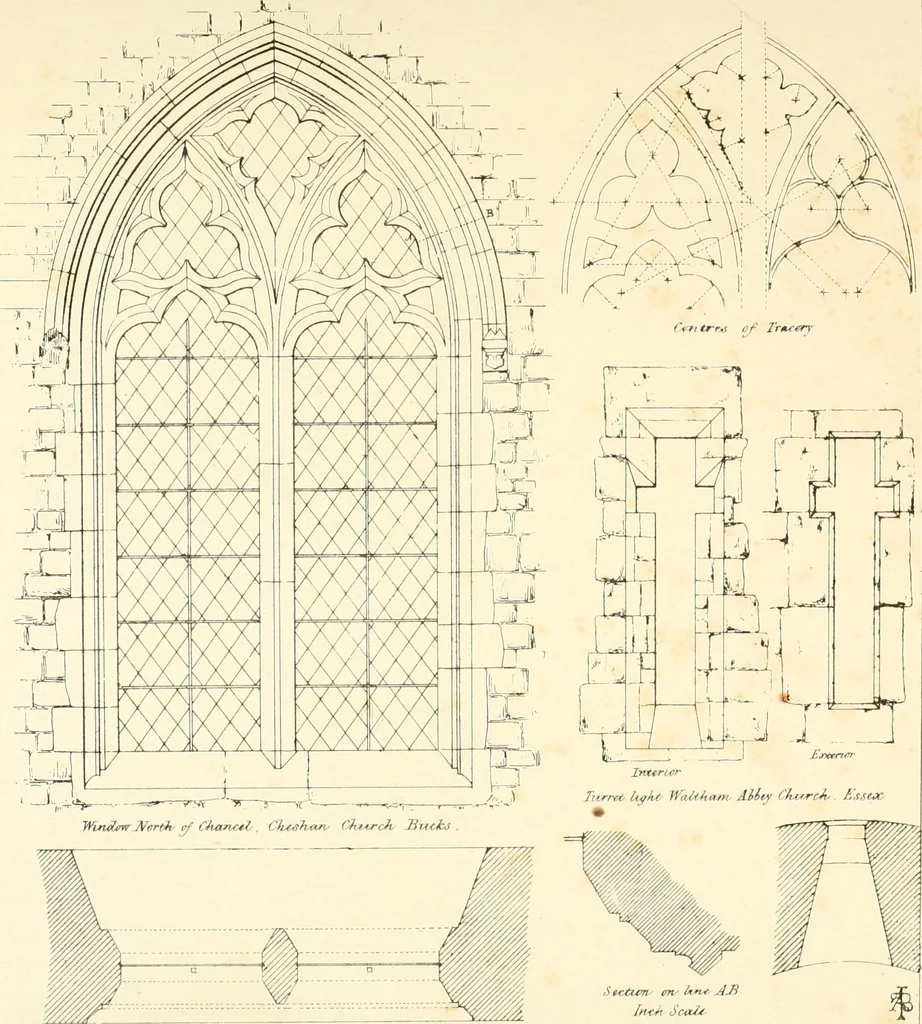 An illustration from An analysis of Gothick architecture : illustrated by a series of upwards of seven hundred examples of doorways, windows, etc., and accompanied with remarks on the several details of an ecclesiastical edifice, 1849, leaf 94