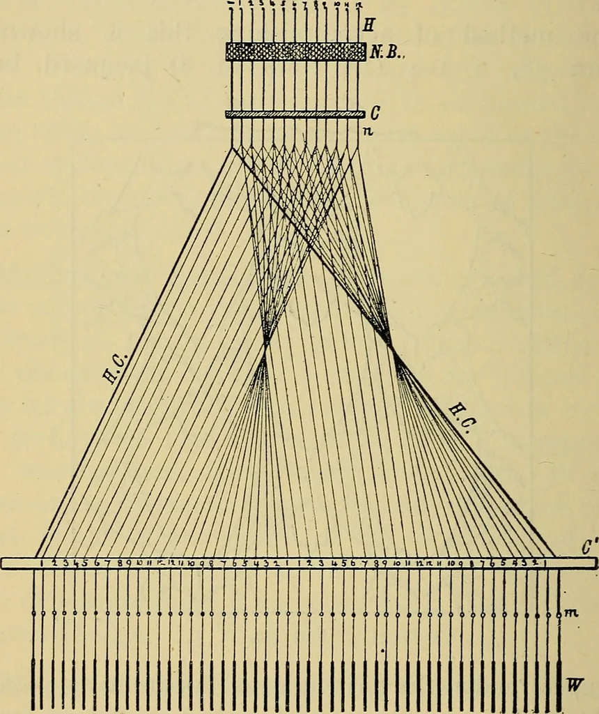 An illustration from The analysis & reproduction of textile fabrics : being a reasonable explanation of the necessary calculations and processes involved in analysing, effecting the required changes, and reproducing all the principal types of woven textures, from the raw materials to the finished cloth ; with an appendix upon "The cost of cloths.", 1894, leaf 107