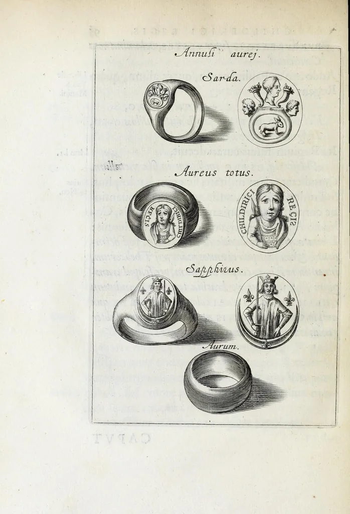 An illustration from Anastasis Childerici I. Francorum regis, siue, Thesaurus sepulchralis Tornaci Neruiorum effossus, & commentario illustratus, 1655, leaf 118