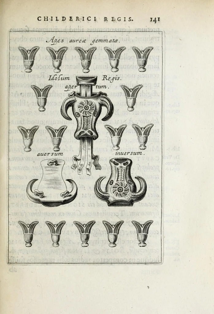 An illustration from Anastasis Childerici I. Francorum regis, siue, Thesaurus sepulchralis Tornaci Neruiorum effossus, & commentario illustratus, 1655, leaf 163