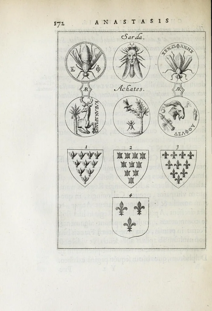 An illustration from Anastasis Childerici I. Francorum regis, siue, Thesaurus sepulchralis Tornaci Neruiorum effossus, & commentario illustratus, 1655, leaf 194