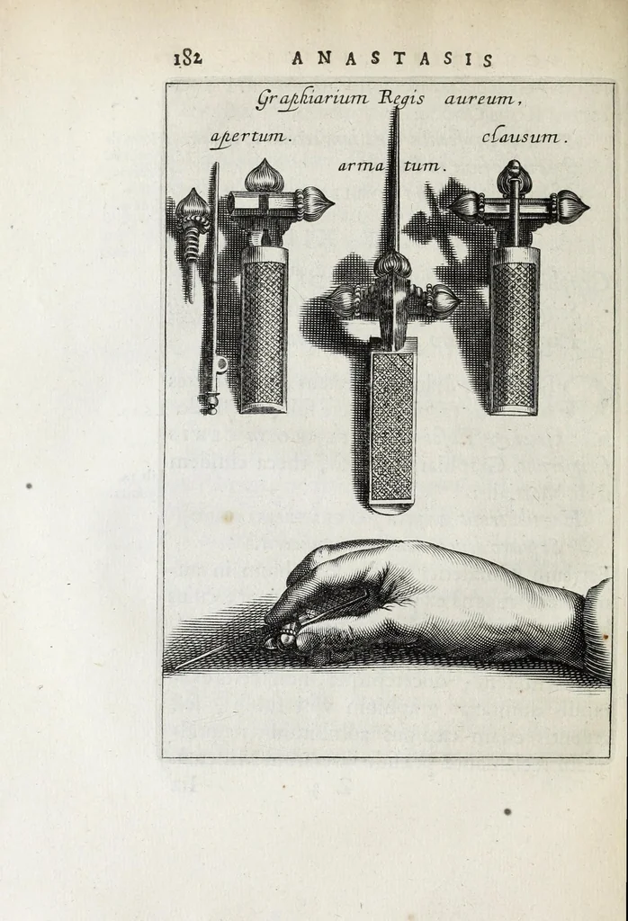 An illustration from Anastasis Childerici I. Francorum regis, siue, Thesaurus sepulchralis Tornaci Neruiorum effossus, & commentario illustratus, 1655, leaf 204