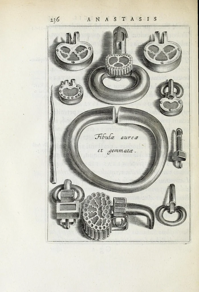 An illustration from Anastasis Childerici I. Francorum regis, siue, Thesaurus sepulchralis Tornaci Neruiorum effossus, & commentario illustratus, 1655, leaf 260