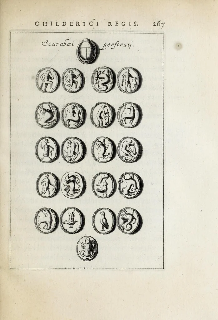 An illustration from Anastasis Childerici I. Francorum regis, siue, Thesaurus sepulchralis Tornaci Neruiorum effossus, & commentario illustratus, 1655, leaf 291