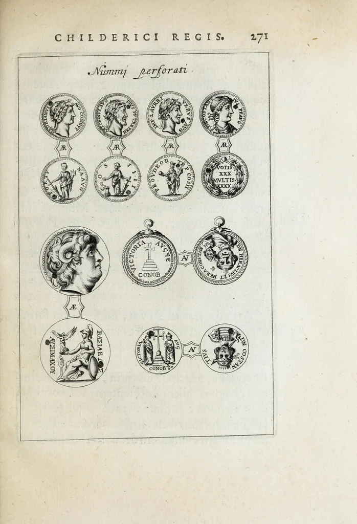 An illustration from Anastasis Childerici I. Francorum regis, siue, Thesaurus sepulchralis Tornaci Neruiorum effossus, & commentario illustratus, 1655, leaf 295