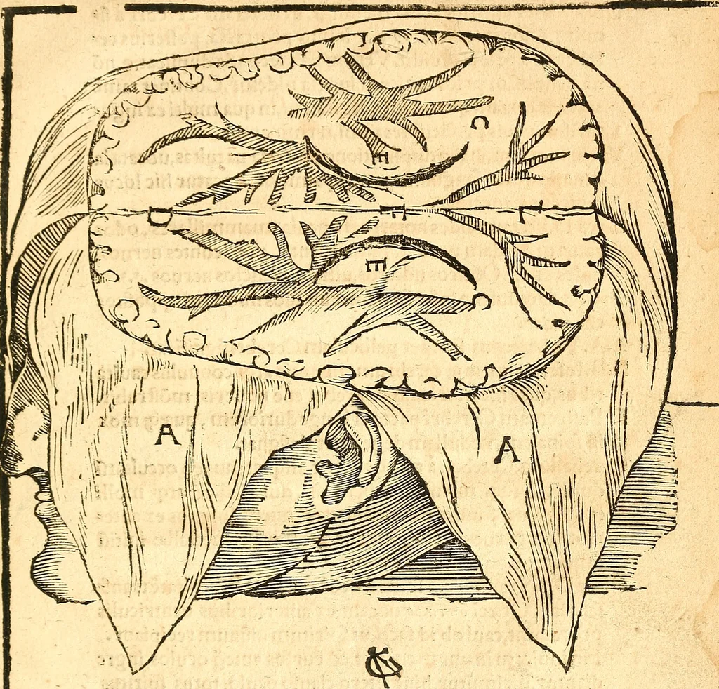 An illustration from Anatomiae, hoc est, corporis humani dissectionis pars prior, in qua singula quae ad caput spectant recensentur membra atque singulae partes, singulis suis ad uiuum commodissimè expressis figuris, deliniantur, 1537, leaf 42