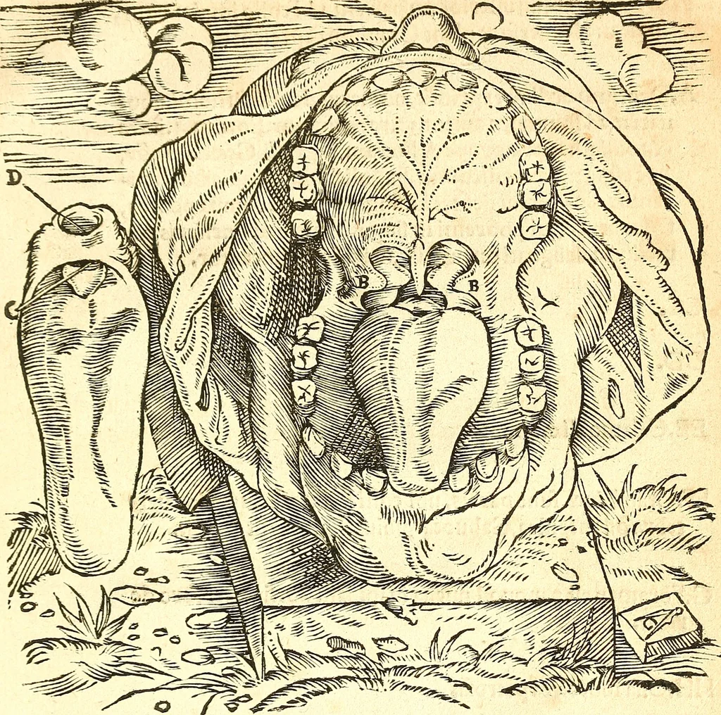 An illustration from Anatomiae, hoc est, corporis humani dissectionis pars prior, in qua singula quae ad caput spectant recensentur membra atque singulae partes, singulis suis ad uiuum commodissimè expressis figuris, deliniantur, 1537, leaf 48