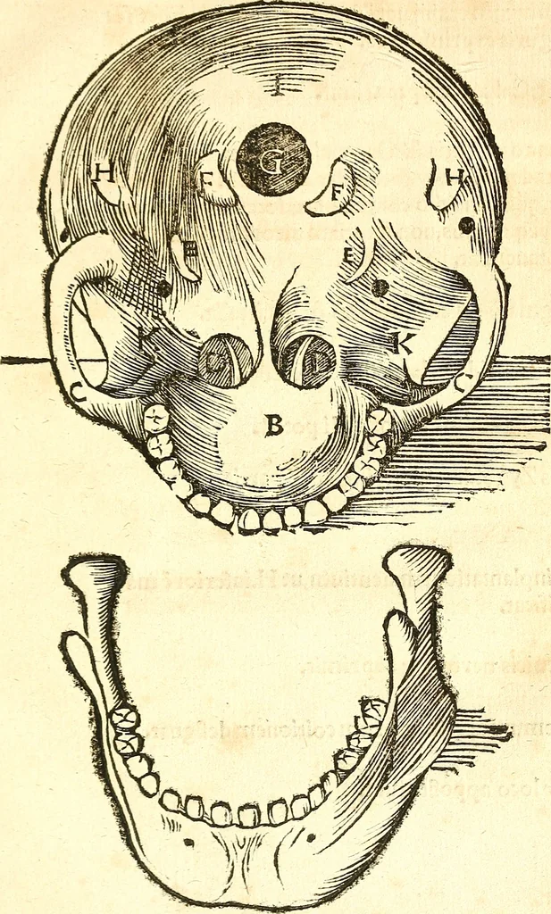 An illustration from Anatomiae, hoc est, corporis humani dissectionis pars prior, in qua singula quae ad caput spectant recensentur membra atque singulae partes, singulis suis ad uiuum commodissimè expressis figuris, deliniantur, 1537, leaf 50