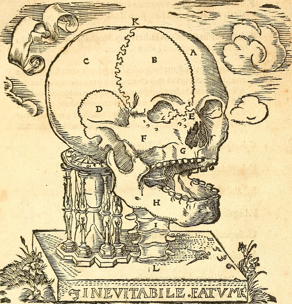 An illustration from Anatomiae, hoc est, corporis humani dissectionis pars prior, in qua singula quae ad caput spectant recensentur membra atque singulae partes, singulis suis ad uiuum commodissimè expressis figuris, deliniantur, 1537, leaf 52