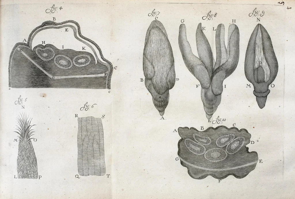 An illustration from Anatomia seu interiora rerum : cum animatarum tum inanimarum [sic], ope & nebeficio [sic] exquisitissimorum microscopiorum detecta, variisque experimentis demonstrata, una cum discursu & ulteriore dilucidatione epistolis quibusdam ad celeberrimum quod ser[enissi]mi Magnae Brittanniae Regis auspicio Londini floret, Philosophorum Collegium datis comprehensa, 1687, leaf 127