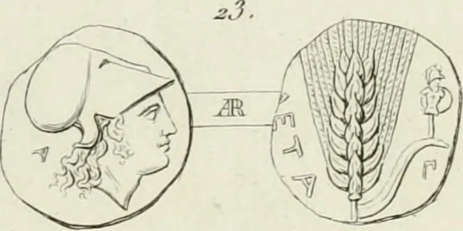 An illustration from Ancient coins of Greek cities and kings. From various collections principally in Great Britain;, 1831, leaf 104