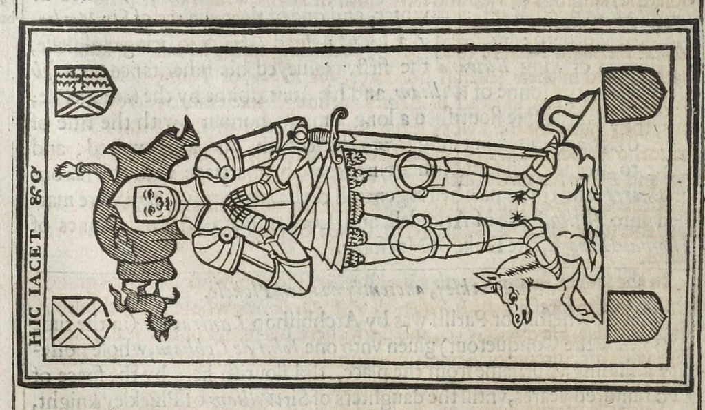 An illustration from Ancient funerall monuments within the vnited monarchie of Great Britaine, Ireland, and the islands adiacent, with the dissolued monasteries therein contained: their founders, and what eminent persons haue beene in the same interred. As also the death and buriall of certaine of the bloud royall; the nobilitie and gentrie of these kingdomes entombed in forraine nations.., 1631, leaf 312