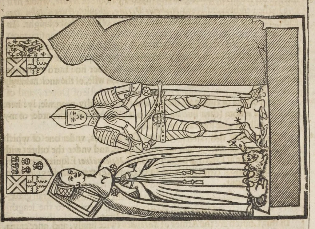 An illustration from Ancient funerall monuments within the vnited monarchie of Great Britaine, Ireland, and the islands adiacent, with the dissolued monasteries therein contained: their founders, and what eminent persons haue beene in the same interred. As also the death and buriall of certaine of the bloud royall; the nobilitie and gentrie of these kingdomes entombed in forraine nations.., 1631, leaf 313