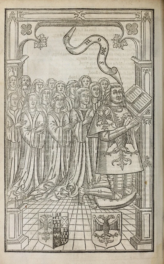 An illustration from Ancient funerall monuments within the vnited monarchie of Great Britaine, Ireland, and the islands adiacent, with the dissolued monasteries therein contained: their founders, and what eminent persons haue beene in the same interred. As also the death and buriall of certaine of the bloud royall; the nobilitie and gentrie of these kingdomes entombed in forraine nations.., 1631, leaf 514
