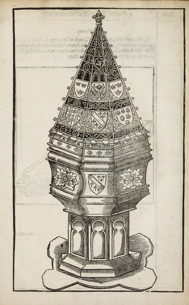 An illustration from Ancient funerall monuments within the vnited monarchie of Great Britaine, Ireland, and the islands adiacent, with the dissolued monasteries therein contained: their founders, and what eminent persons haue beene in the same interred. As also the death and buriall of certaine of the bloud royall; the nobilitie and gentrie of these kingdomes entombed in forraine nations.., 1631, leaf 871