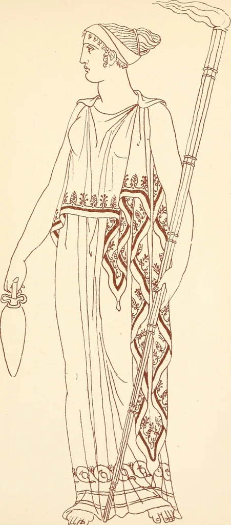 An illustration from Ancient Greek female costume : illustrated by one hundred and twelve plates and numerous smaller illustrations ; with descriptive letterpress and descriptive passages from the works of Homer, Hesiod, Herodotus, Aeschylus, Euripides, Aristophanes, Theocritus, Xenophon, Lucian, and other Greek authors, 1882, leaf 100