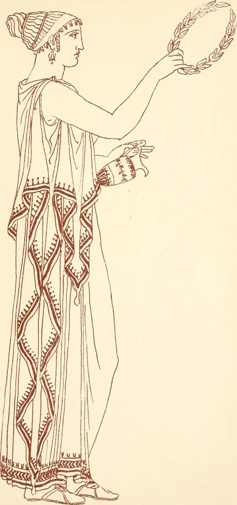 An illustration from Ancient Greek female costume : illustrated by one hundred and twelve plates and numerous smaller illustrations ; with descriptive letterpress and descriptive passages from the works of Homer, Hesiod, Herodotus, Aeschylus, Euripides, Aristophanes, Theocritus, Xenophon, Lucian, and other Greek authors, 1882, leaf 102