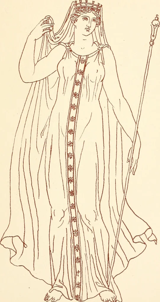An illustration from Ancient Greek female costume : illustrated by one hundred and twelve plates and numerous smaller illustrations ; with descriptive letterpress and descriptive passages from the works of Homer, Hesiod, Herodotus, Aeschylus, Euripides, Aristophanes, Theocritus, Xenophon, Lucian, and other Greek authors, 1882, leaf 104