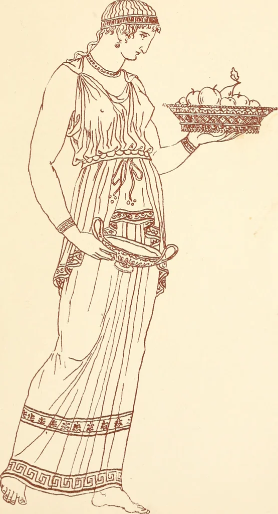 An illustration from Ancient Greek female costume : illustrated by one hundred and twelve plates and numerous smaller illustrations ; with descriptive letterpress and descriptive passages from the works of Homer, Hesiod, Herodotus, Aeschylus, Euripides, Aristophanes, Theocritus, Xenophon, Lucian, and other Greek authors, 1882, leaf 106