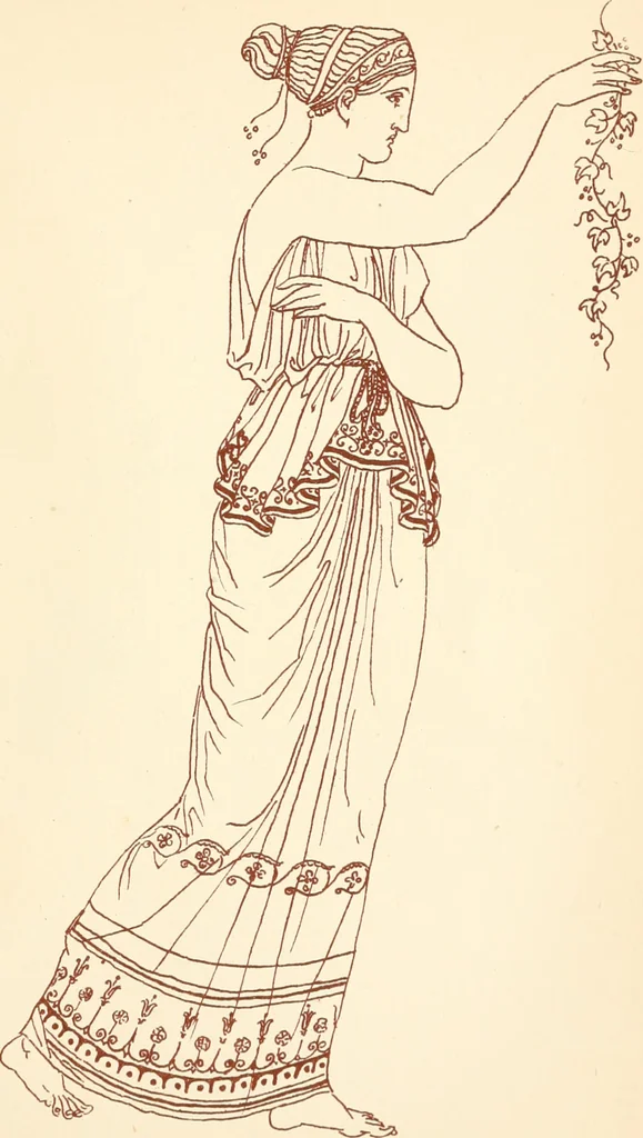 An illustration from Ancient Greek female costume : illustrated by one hundred and twelve plates and numerous smaller illustrations ; with descriptive letterpress and descriptive passages from the works of Homer, Hesiod, Herodotus, Aeschylus, Euripides, Aristophanes, Theocritus, Xenophon, Lucian, and other Greek authors, 1882, leaf 108