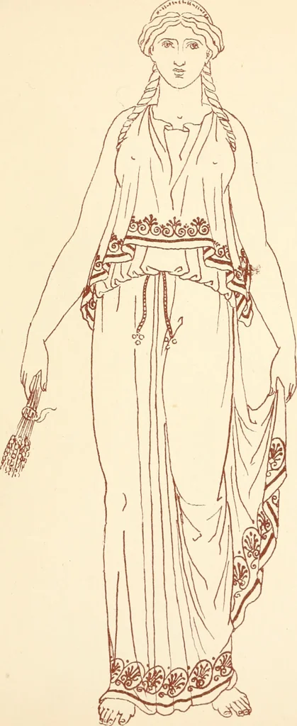 An illustration from Ancient Greek female costume : illustrated by one hundred and twelve plates and numerous smaller illustrations ; with descriptive letterpress and descriptive passages from the works of Homer, Hesiod, Herodotus, Aeschylus, Euripides, Aristophanes, Theocritus, Xenophon, Lucian, and other Greek authors, 1882, leaf 112