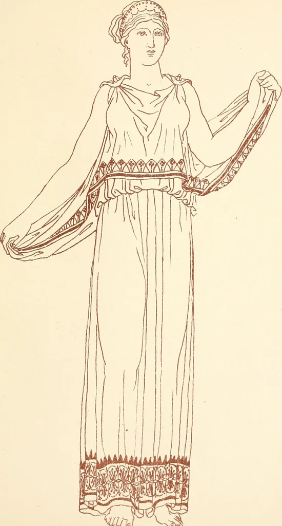 An illustration from Ancient Greek female costume : illustrated by one hundred and twelve plates and numerous smaller illustrations ; with descriptive letterpress and descriptive passages from the works of Homer, Hesiod, Herodotus, Aeschylus, Euripides, Aristophanes, Theocritus, Xenophon, Lucian, and other Greek authors, 1882, leaf 114