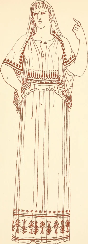An illustration from Ancient Greek female costume : illustrated by one hundred and twelve plates and numerous smaller illustrations ; with descriptive letterpress and descriptive passages from the works of Homer, Hesiod, Herodotus, Aeschylus, Euripides, Aristophanes, Theocritus, Xenophon, Lucian, and other Greek authors, 1882, leaf 116