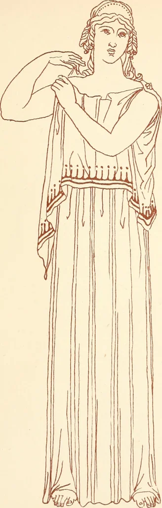 An illustration from Ancient Greek female costume : illustrated by one hundred and twelve plates and numerous smaller illustrations ; with descriptive letterpress and descriptive passages from the works of Homer, Hesiod, Herodotus, Aeschylus, Euripides, Aristophanes, Theocritus, Xenophon, Lucian, and other Greek authors, 1882, leaf 118