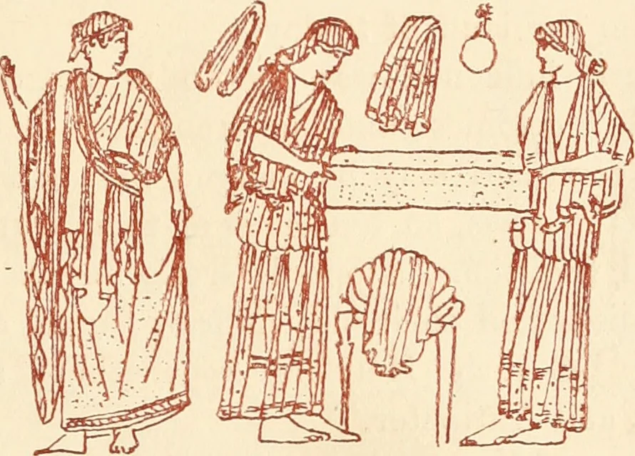 An illustration from Ancient Greek female costume : illustrated by one hundred and twelve plates and numerous smaller illustrations ; with descriptive letterpress and descriptive passages from the works of Homer, Hesiod, Herodotus, Aeschylus, Euripides, Aristophanes, Theocritus, Xenophon, Lucian, and other Greek authors, 1882, leaf 12