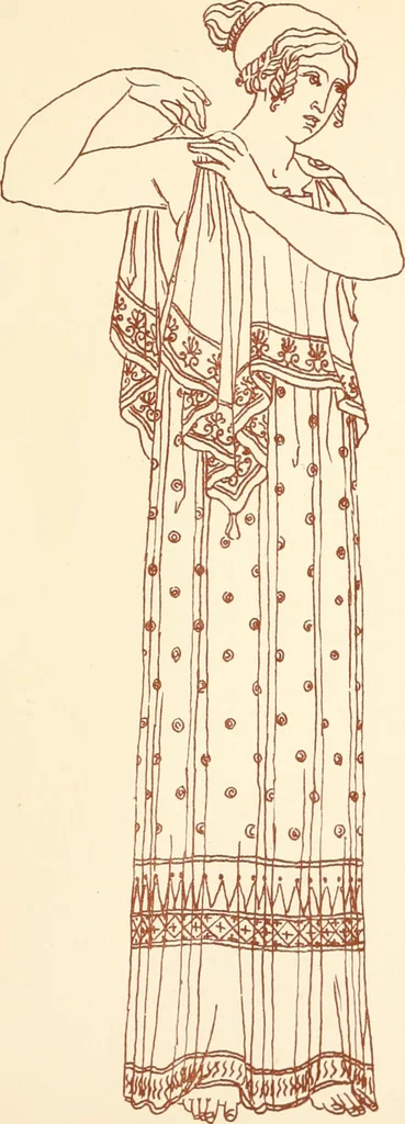 An illustration from Ancient Greek female costume : illustrated by one hundred and twelve plates and numerous smaller illustrations ; with descriptive letterpress and descriptive passages from the works of Homer, Hesiod, Herodotus, Aeschylus, Euripides, Aristophanes, Theocritus, Xenophon, Lucian, and other Greek authors, 1882, leaf 120