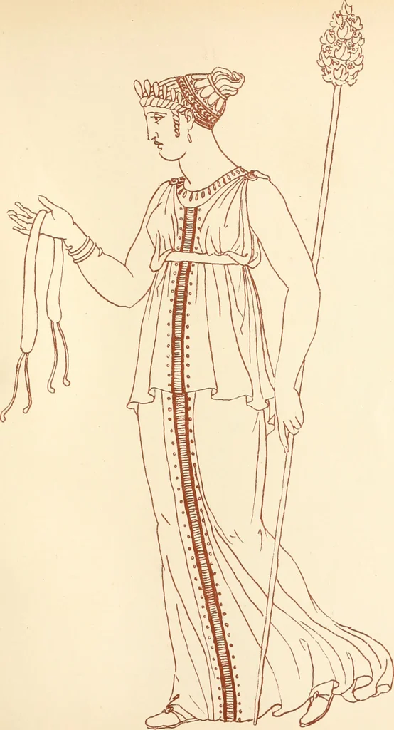 An illustration from Ancient Greek female costume : illustrated by one hundred and twelve plates and numerous smaller illustrations ; with descriptive letterpress and descriptive passages from the works of Homer, Hesiod, Herodotus, Aeschylus, Euripides, Aristophanes, Theocritus, Xenophon, Lucian, and other Greek authors, 1882, leaf 122
