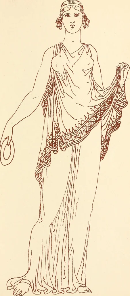 An illustration from Ancient Greek female costume : illustrated by one hundred and twelve plates and numerous smaller illustrations ; with descriptive letterpress and descriptive passages from the works of Homer, Hesiod, Herodotus, Aeschylus, Euripides, Aristophanes, Theocritus, Xenophon, Lucian, and other Greek authors, 1882, leaf 124