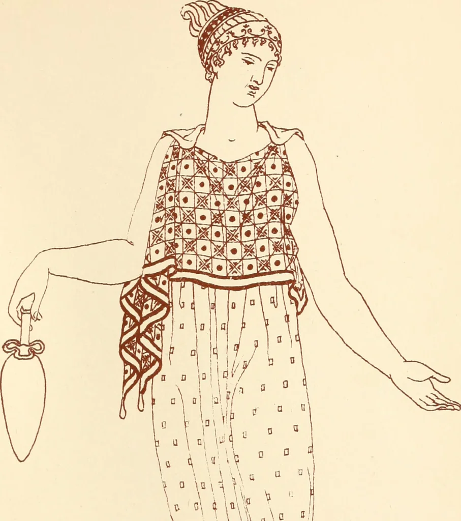 An illustration from Ancient Greek female costume : illustrated by one hundred and twelve plates and numerous smaller illustrations ; with descriptive letterpress and descriptive passages from the works of Homer, Hesiod, Herodotus, Aeschylus, Euripides, Aristophanes, Theocritus, Xenophon, Lucian, and other Greek authors, 1882, leaf 126