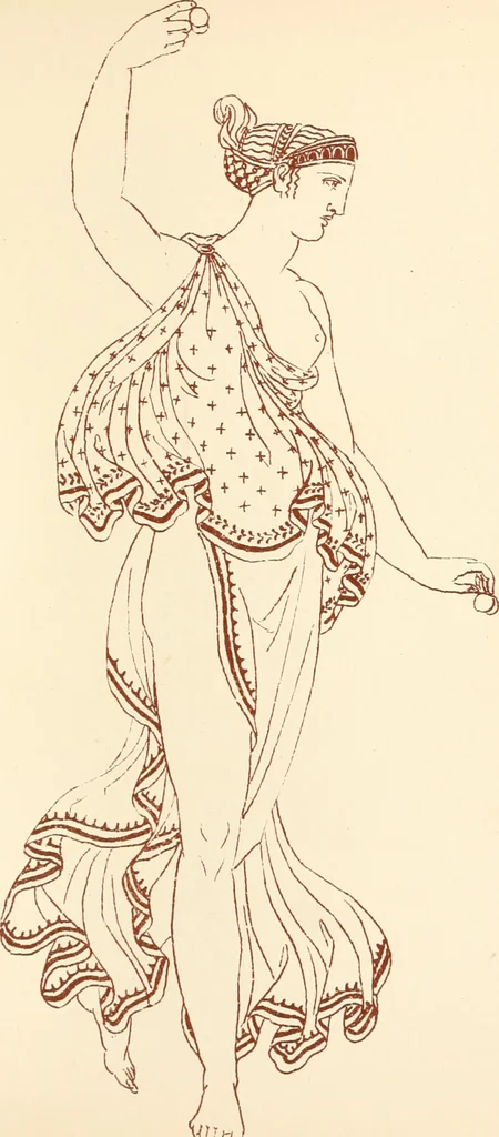 An illustration from Ancient Greek female costume : illustrated by one hundred and twelve plates and numerous smaller illustrations ; with descriptive letterpress and descriptive passages from the works of Homer, Hesiod, Herodotus, Aeschylus, Euripides, Aristophanes, Theocritus, Xenophon, Lucian, and other Greek authors, 1882, leaf 128