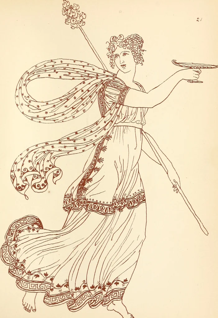 An illustration from Ancient Greek female costume : illustrated by one hundred and twelve plates and numerous smaller illustrations ; with descriptive letterpress and descriptive passages from the works of Homer, Hesiod, Herodotus, Aeschylus, Euripides, Aristophanes, Theocritus, Xenophon, Lucian, and other Greek authors, 1882, leaf 132