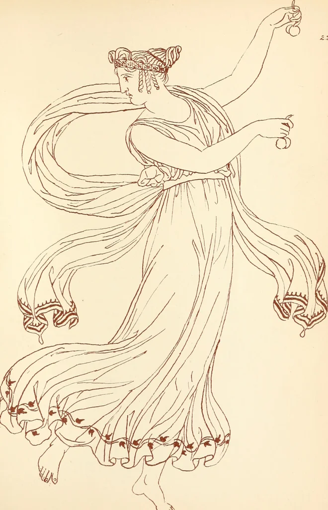 An illustration from Ancient Greek female costume : illustrated by one hundred and twelve plates and numerous smaller illustrations ; with descriptive letterpress and descriptive passages from the works of Homer, Hesiod, Herodotus, Aeschylus, Euripides, Aristophanes, Theocritus, Xenophon, Lucian, and other Greek authors, 1882, leaf 134
