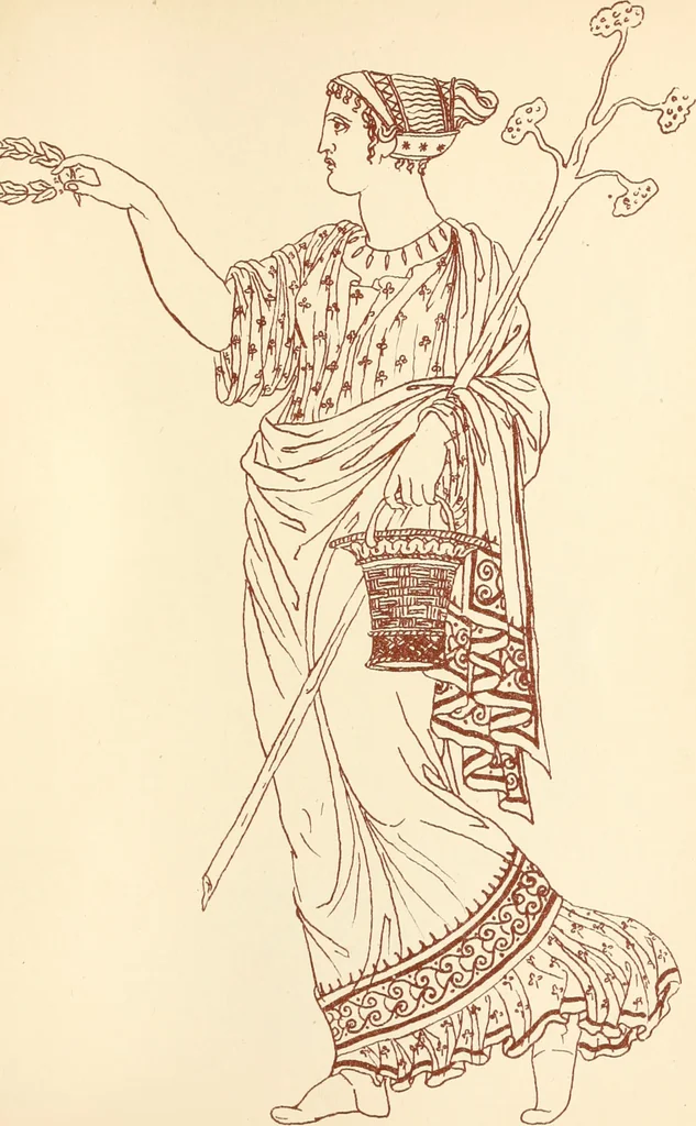 An illustration from Ancient Greek female costume : illustrated by one hundred and twelve plates and numerous smaller illustrations ; with descriptive letterpress and descriptive passages from the works of Homer, Hesiod, Herodotus, Aeschylus, Euripides, Aristophanes, Theocritus, Xenophon, Lucian, and other Greek authors, 1882, leaf 138