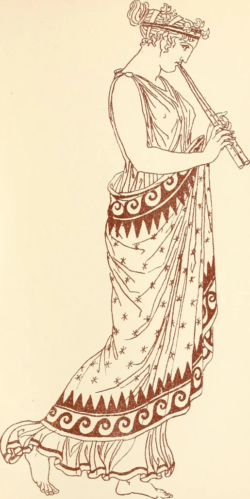 An illustration from Ancient Greek female costume : illustrated by one hundred and twelve plates and numerous smaller illustrations ; with descriptive letterpress and descriptive passages from the works of Homer, Hesiod, Herodotus, Aeschylus, Euripides, Aristophanes, Theocritus, Xenophon, Lucian, and other Greek authors, 1882, leaf 140